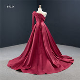 Red High Slit Satin Evening Ball Gown - FashionByTeresa
